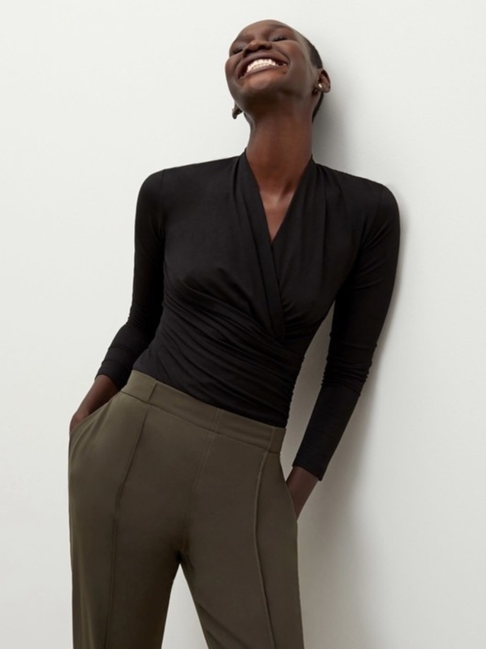 MM. LAFLEUR Fey 2.0 Ruched Wrap Fitted Black Blouse Top XL NWT